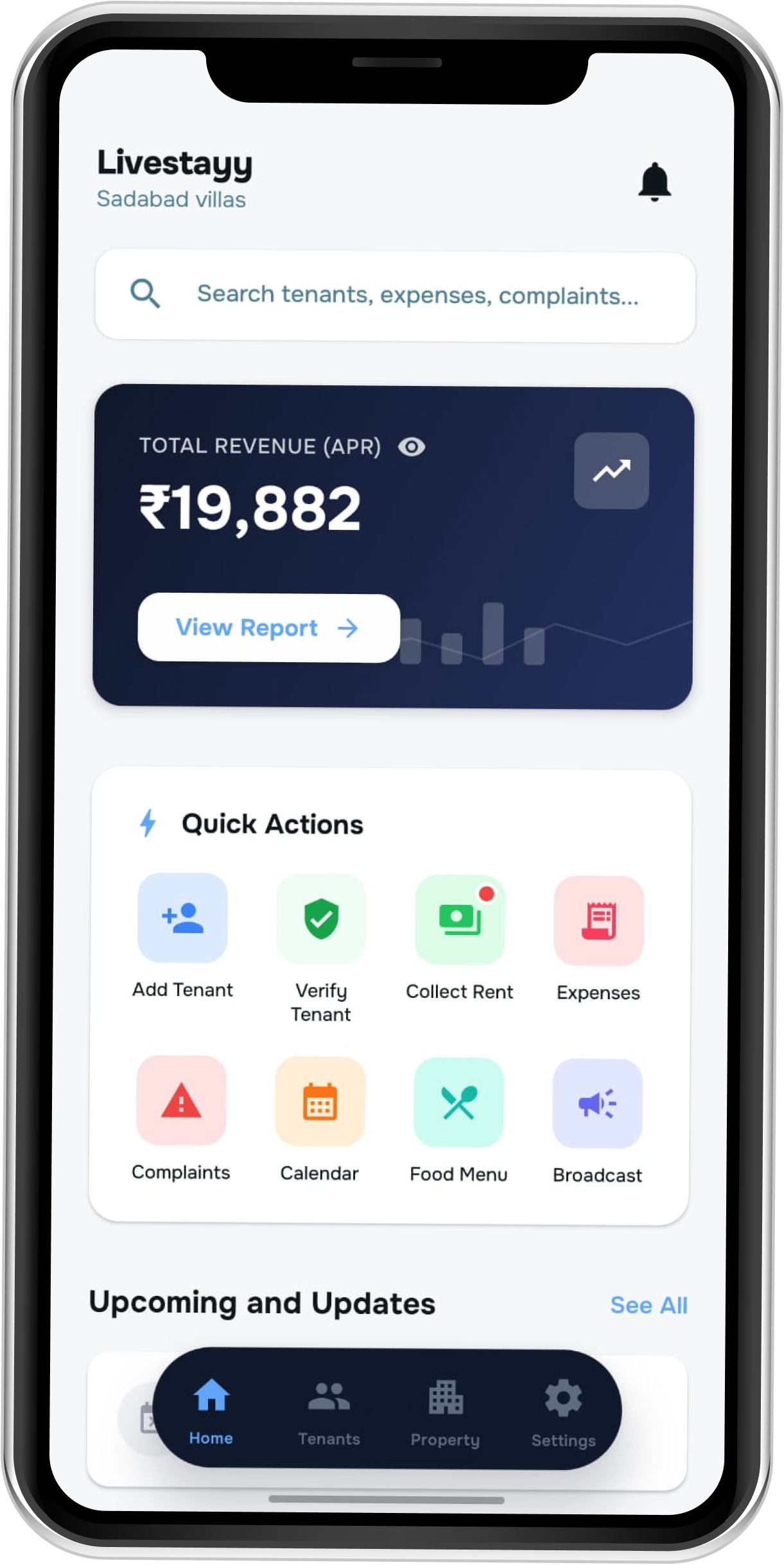 Livestayy app showing revenue, tenant management, rent collection and property tools